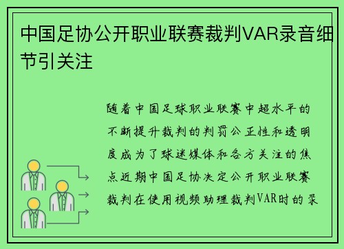 中国足协公开职业联赛裁判VAR录音细节引关注